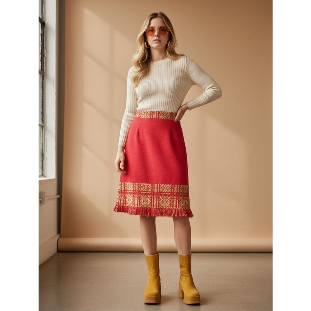 Arola Finnish Wool Vintage Red Patterned Fringe Hem Midi Skirt